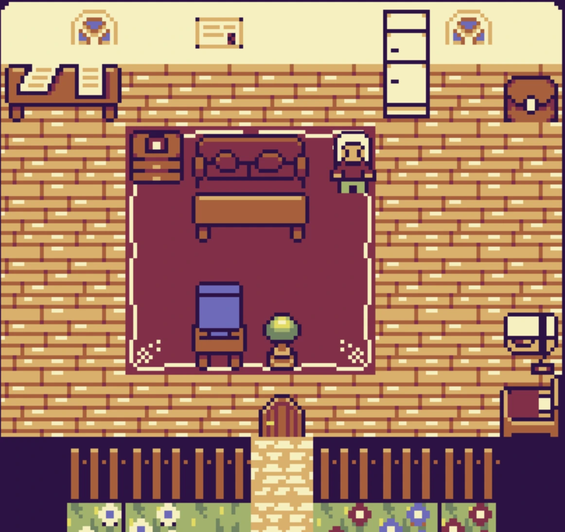 Preview of the playable portfolio site. Shows a 2D room in pixel art with a character placed on the left.