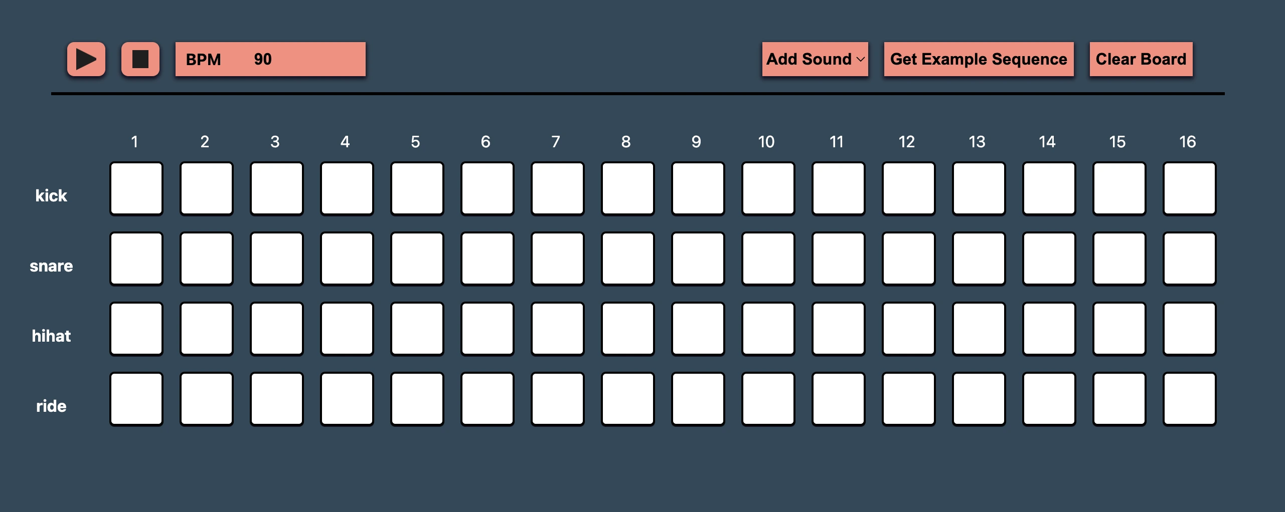 Preview of the sequencer site. Shows a 4*16 grid of buttons with sound control visualization on top of it. 
